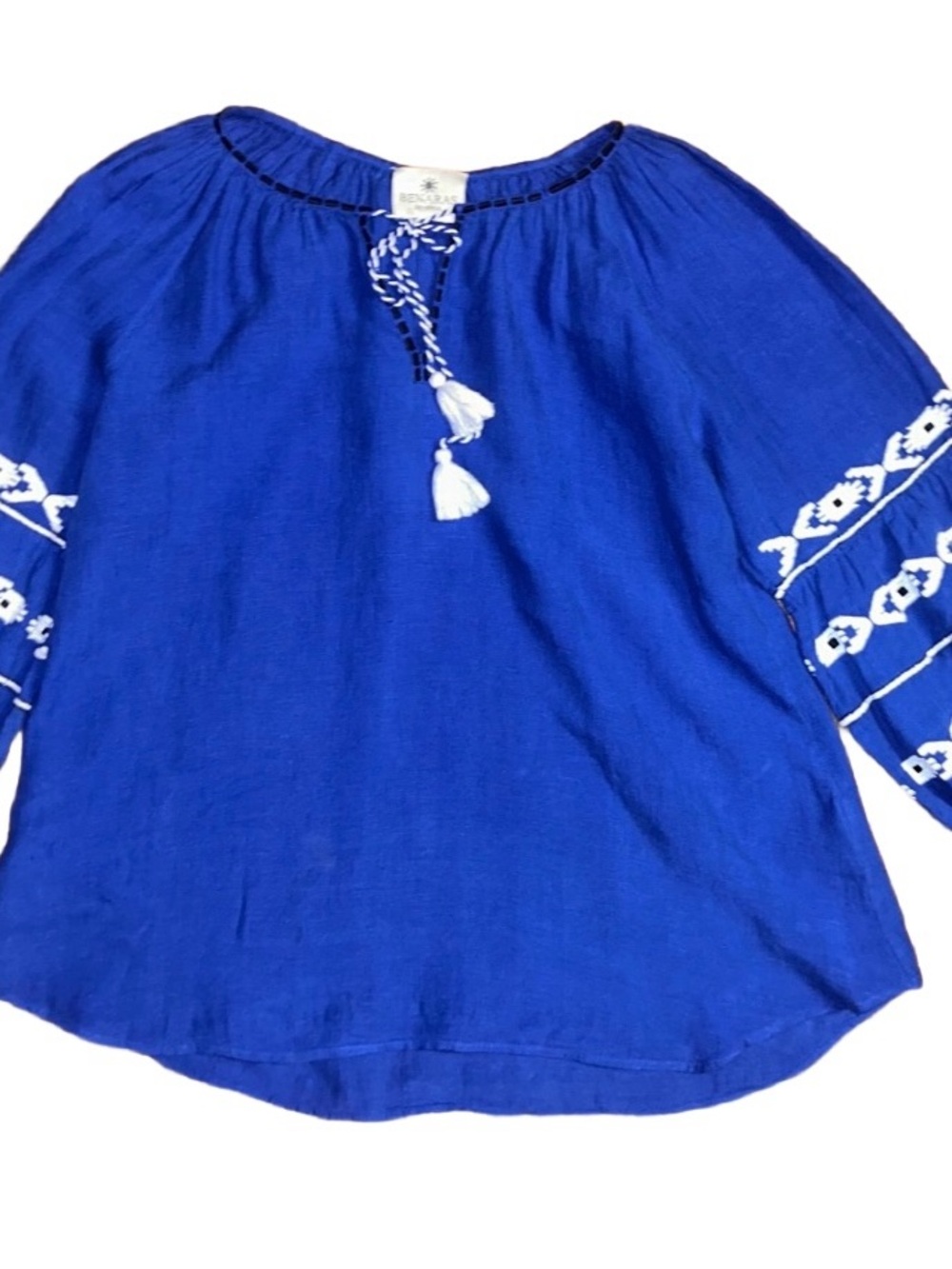 Benaras by Citrus • Size Large • Blue/White • Aztec Embroidery Boho Blouse